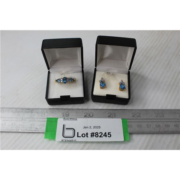 Pear Shape Glass Blue Topaz Ring & Earring Set (Size 7 Ring - 14kt gold PLATED)
