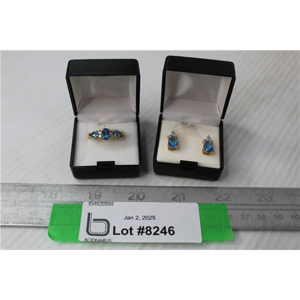 Pear Shape Glass Blue Topaz Ring & Earring Set (Size 7 Ring - 14kt gold PLATED)