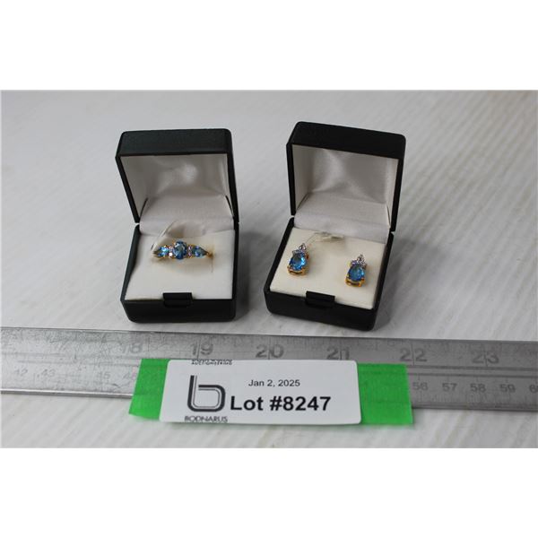 Pear Shape Glass Blue Topaz Ring & Earring Set (Size 7 Ring - 14kt gold PLATED)