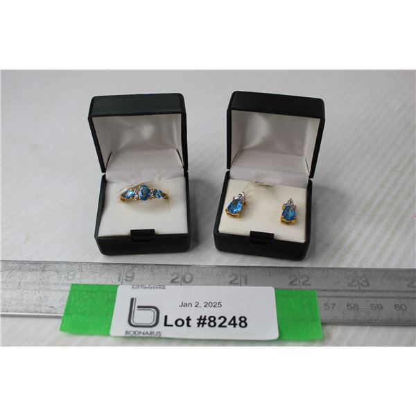 Pear Shape Glass Blue Topaz Ring & Earring Set (Size 8 Ring - 14kt gold PLATED)