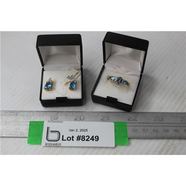 Pear Shape Glass Blue Topaz Ring & Earring Set (Size 8 Ring - 14kt gold PLATED)