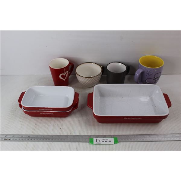 (3) Different Sized Ceramic Hearthstone Casserole Dishes, (4) Coffee Cups, Disney Land, Misc.