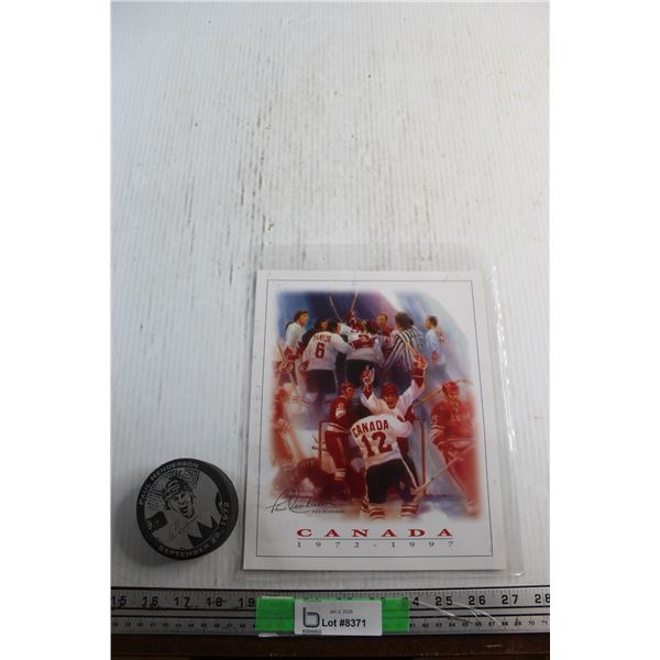 1972 1972 Paul Henderson Hockey Puck and Henderson Celebrating His Series Winning Goal Print