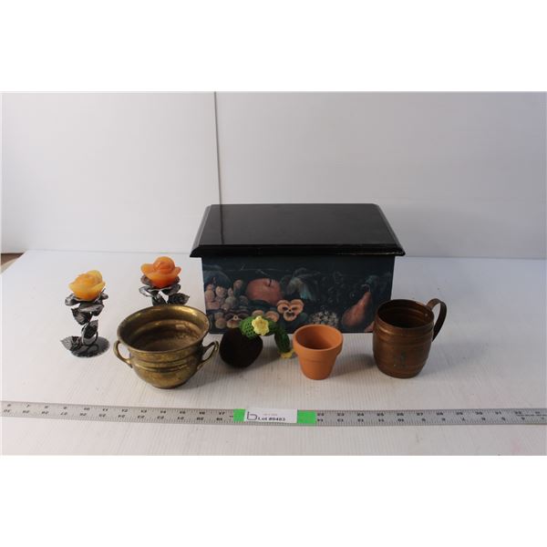 Painted Wood Box 12.5" Long x 8" Wide x 6" Tall, Flower Candles, Misc.