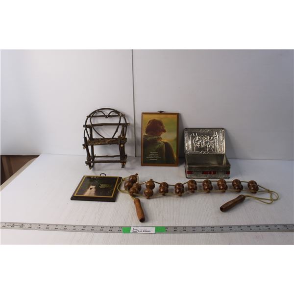 Wood Chair Figurine, Vintage Engraved Tin Box, Misc.