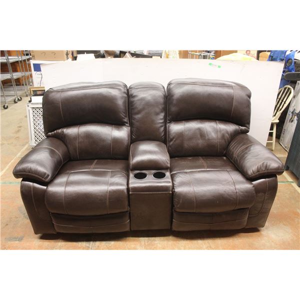 * Brown Leather Love Seat w/ Cup Holders 39" Tall x 81" Long x 40" Wide