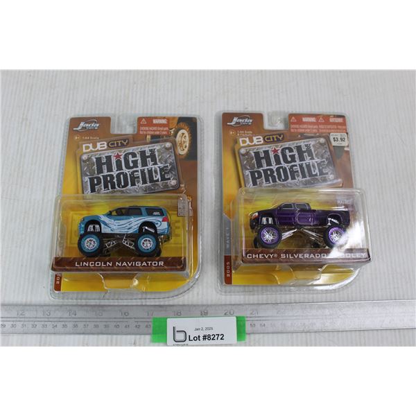 (2) Jada Toys Dub City High Profile 1:64 Scale Diecast Cars, Lincoln Navigator, Chevy Silverado Dool