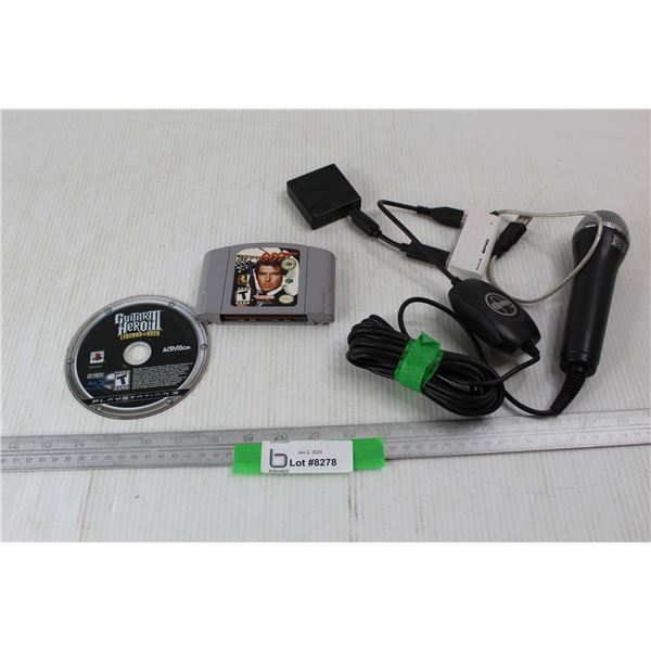 Guitar Hero III PlayStation (3) Disc, James Bond Golden Eye Nintendo 64 Game Cartridge, Rock bad Mic