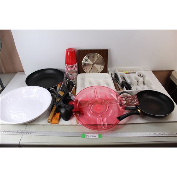 Phinney Walker Quartz Wall Clock- 9'' x 9'', (2) Frying Pans, (2) Plastic Cutlery Trays w/ Cutlery, 