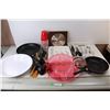 Image 1 : Phinney Walker Quartz Wall Clock- 9'' x 9'', (2) Frying Pans, (2) Plastic Cutlery Trays w/ Cutlery, 