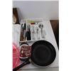 Image 2 : Phinney Walker Quartz Wall Clock- 9'' x 9'', (2) Frying Pans, (2) Plastic Cutlery Trays w/ Cutlery, 