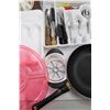 Image 3 : Phinney Walker Quartz Wall Clock- 9'' x 9'', (2) Frying Pans, (2) Plastic Cutlery Trays w/ Cutlery, 