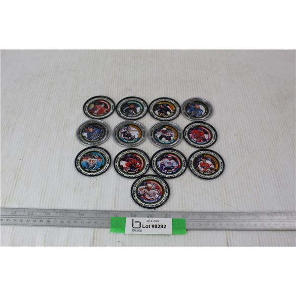 (13) 1990s NHL Irwin Toys Katch Medallions - Gretzky , Lindros, Koivu, Etc.