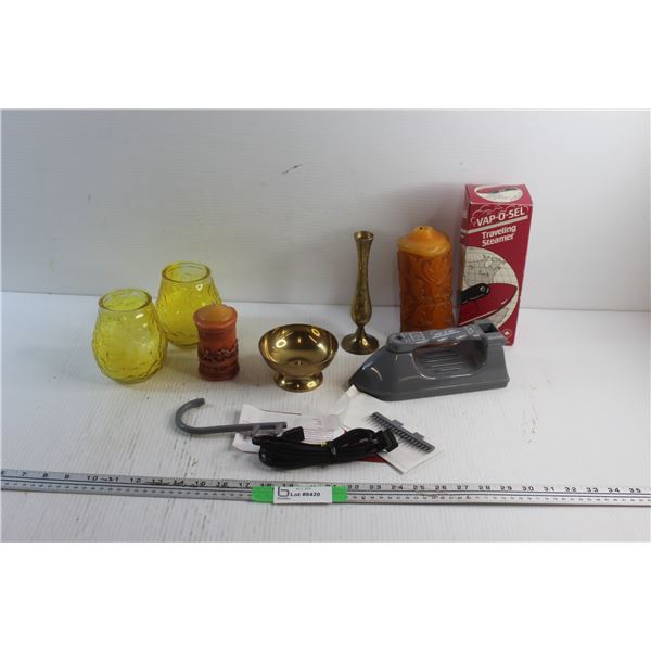 Candles, Candle Holders, Vap O Sel Traveling Steamer and Brass Candy Dish