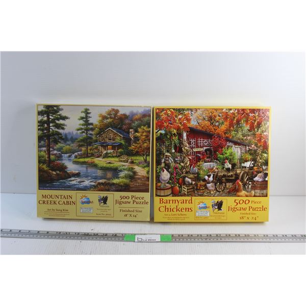 (2) Mountain Creek Cabin and Barnyard Chickens 500 pc Jigsaw Puzzles