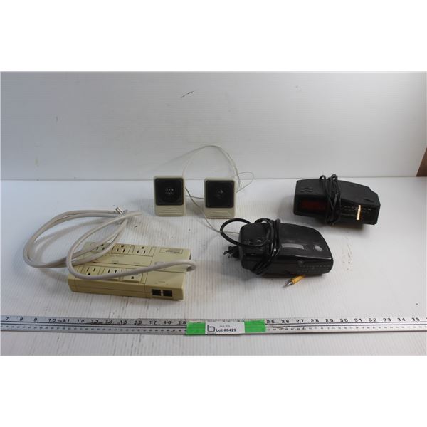 (2) FM/AM Clock Alarms, Speakers and Socket Outlet - As Is