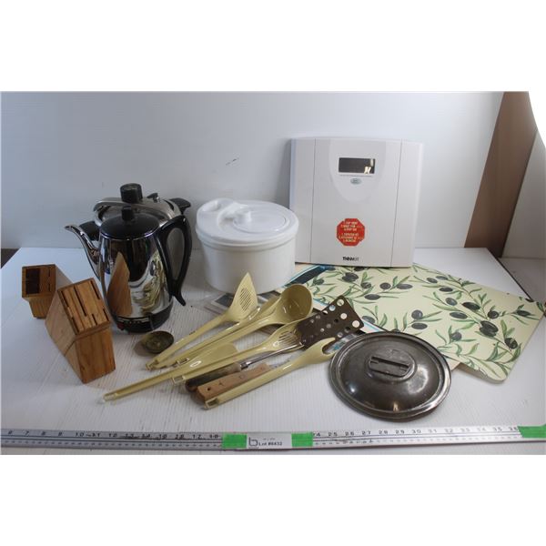 Coffee Pot, Mixing Bowl, Body Weight Scale, Knife Holders, Spatulas and Misc.