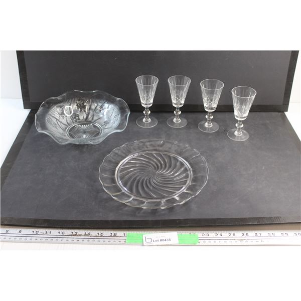 Glass Bowl, Plate and (4) Liquor Shot Cups