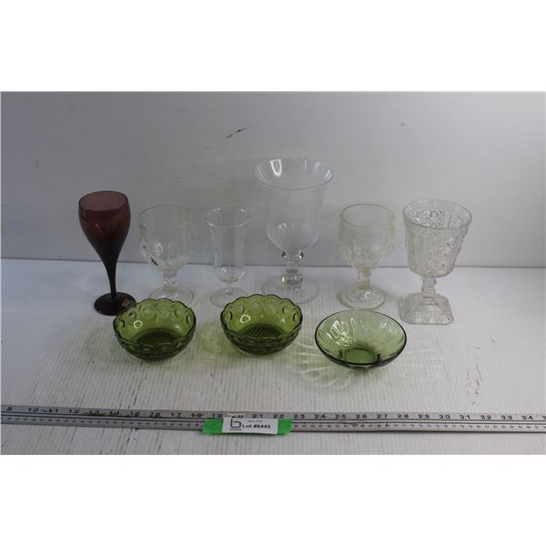 Glass Goblets and Green Glass Candy Dishes