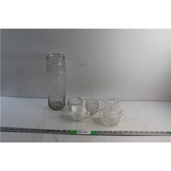 Glass Vase. Tea Cups and Cream & Sugar Set