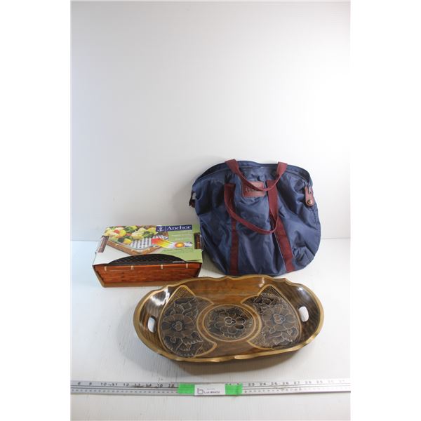 Bag, Plastic Serving Tray and 3 Piece Baking Dish and Basket Set