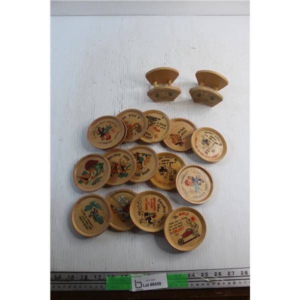 (15) Wooden Coasters and (2) Coaster Holders