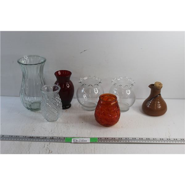 (5) Glass Vases, Candle Holder and Liquor Decanter
