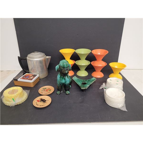 Blue Mountain Pottery Dog and Candleholder, (3) Packs of Coasters, and (7) Ice Cream Cups