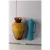 Image 1 : Blue Mountain Pottery Harvest Gold Vase and Unmarked Blue Ceramic Pitcher - tallest is 13" Tall