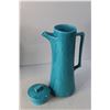 Image 2 : Blue Mountain Pottery Harvest Gold Vase and Unmarked Blue Ceramic Pitcher - tallest is 13" Tall