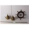 Image 1 : (2) Brass Teapots, Wood Boat Wall Decoration