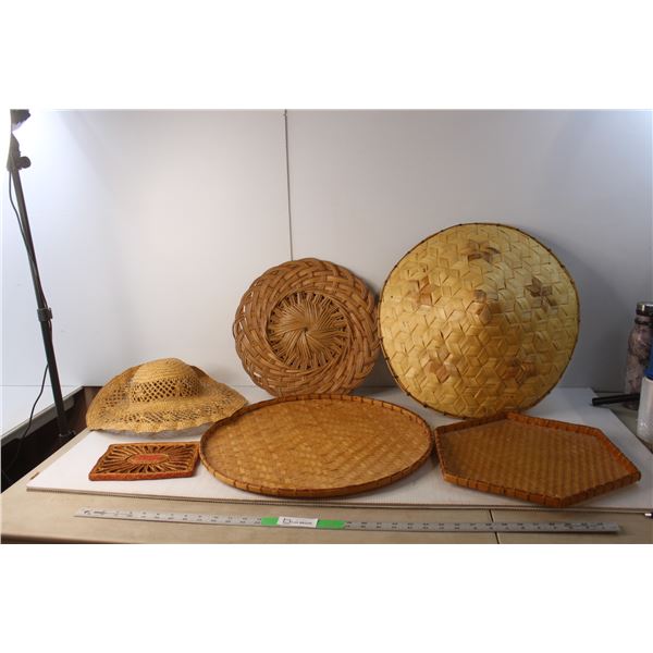 (6) Woven Items- Hat, Trays, Misc. Up to 19" Diameter