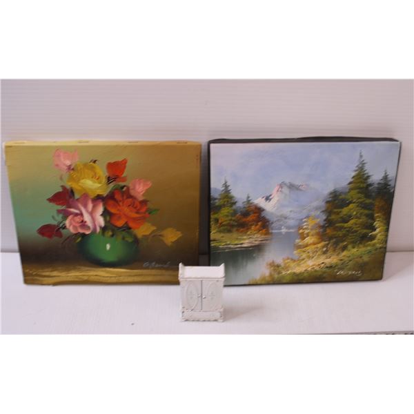 (2) Paintings, Metal Wardrobe Doll House Furniture