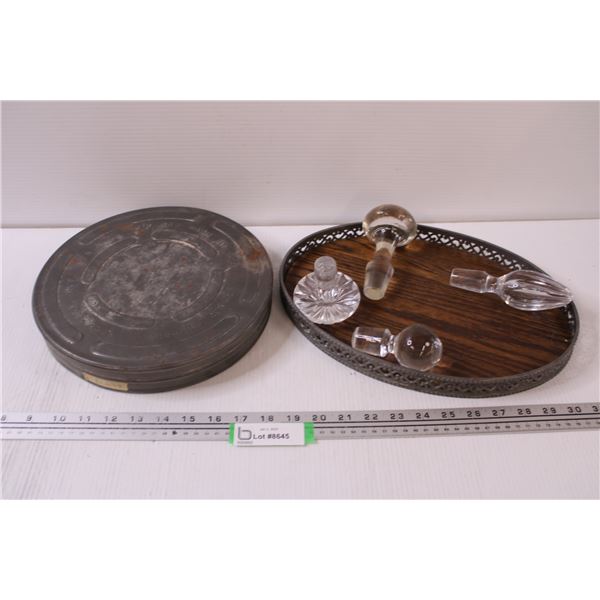 Metal Kodak Film Reel Container, Oval Tray, (4) Crystal Decanter Stoppers