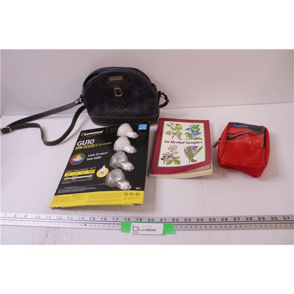 Luminus LED Lightbulbs (Opened, Un-Used), Louvier Purse, Herbal Notebook, Pencil Case Holder