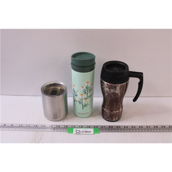 (3) Mugs: Davids Tea, Yeti, Thermos (Worn)