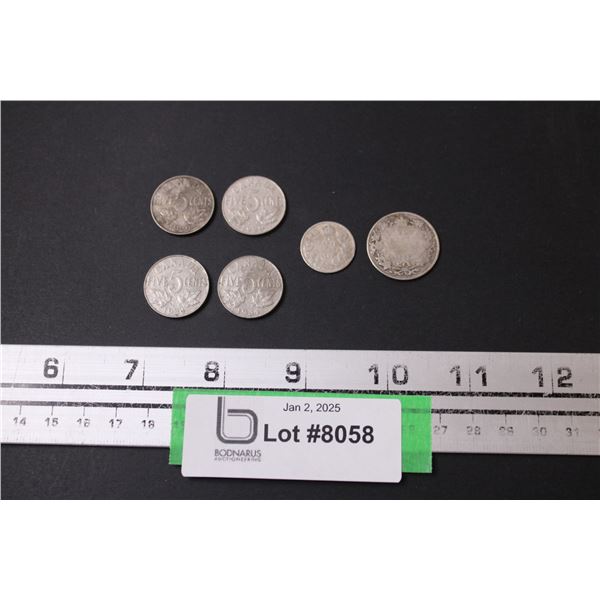 Canadian Coins: (4) Five Cent - 1929 & 1934, (1) Ten Cent - 1934, (1) Twenty Five Cent - 1928