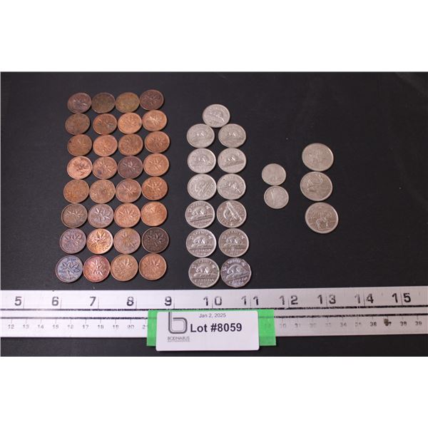 Canadian Coins: (32) Pennies, (13) Nickels, (2) Dimes, (3) Quarters (All Various Years & Condition)