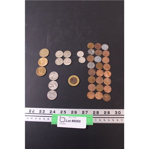 American Coins: (24) Pennies, (2) Dimes, (3) Quarters, (3) Dollars, (1) Peso (Mexican), (4) Nickels