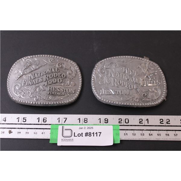 (2) Hesston Rodeo Metal Belt Buckles - 1990 & 1991 Editions - Sealed