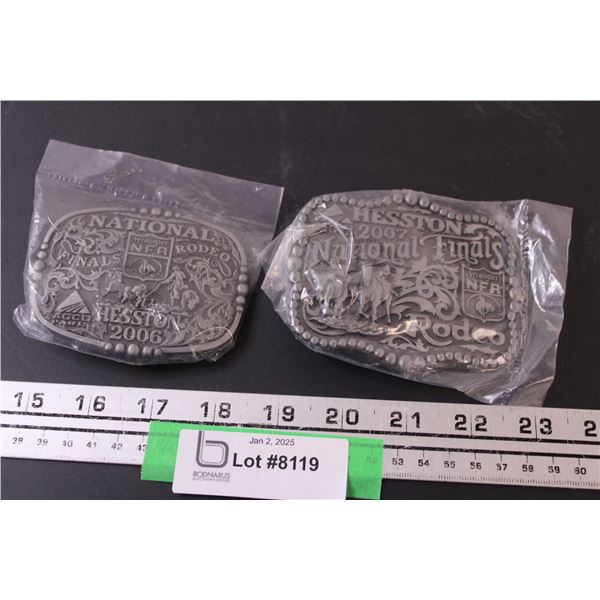 (2) Hesston Rodeo Metal Belt Buckles - 2006 & 2007 (Montana Silver Smiths Editions)