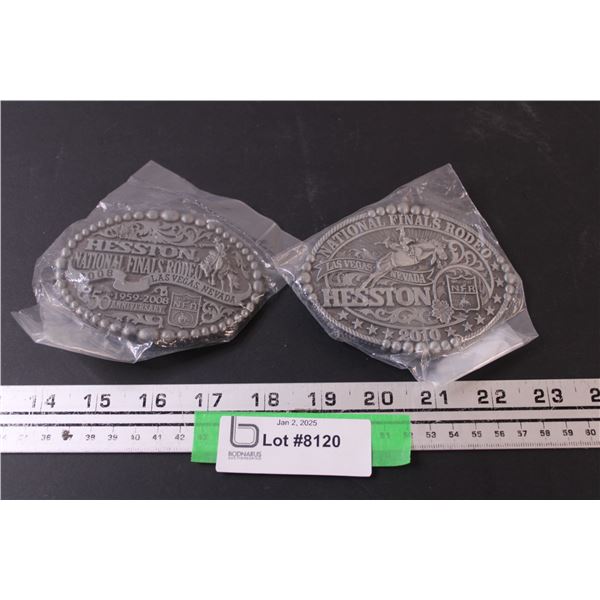 (2) Hesston Rodeo Metal Belt Buckles - 2008 & 2010 (Montana Silver Smiths Editions)