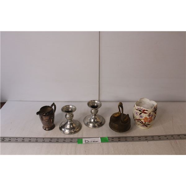 Brass Swans 'What Child is This' Music Figurine, (2) Pewter Candleholders, Misc.