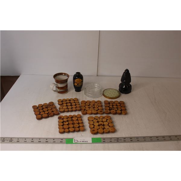 (6) Wood Coasters, Marble Paperweight, Misc.