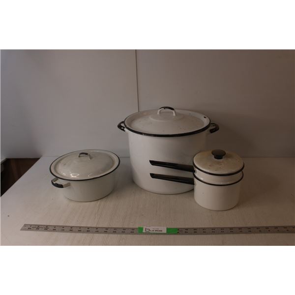 Enamel Kitchen Pot Set - Stock Pot, Double Boiler and Pot