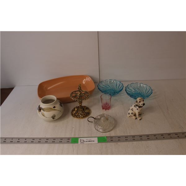 Dalmatian Figurine, (2) Blue Glass Trinket Dishes, Misc.