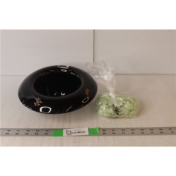 Glow in the Dark Decorative Stones & Black Ceramic Bowl