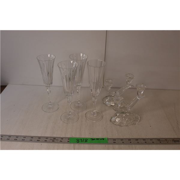 (4) Champagne Glasses & (2) Glass Candleholders