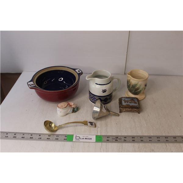 Ceramic Denby Dish, Brass Ladle, Decorative Metal Storage Box, Misc.