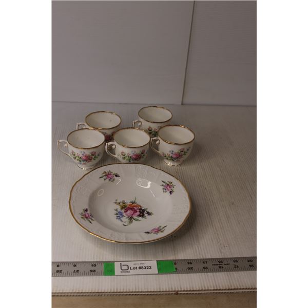 (5) Roslyn "Moss Rose" Tea Cups and Bernadotte Czechoslovakia Porcelain Bowl